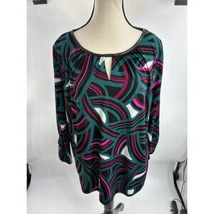 Worthington Woman 1X Plus Size Blouse Top Teal Fuchsia Abstract Keyhole